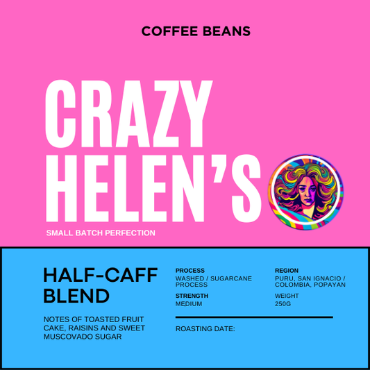 CRAZY HELEN'S HALF-CAFFEINE COFFEE BEANS - 250G